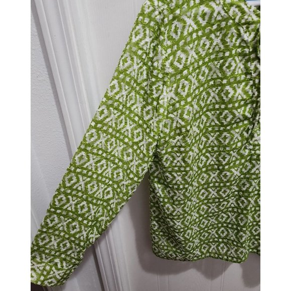 Chico's Women's Long Sleeve V Neck Tunic Top Green/White Semi-Sheer Size 2 (L) - Picture 5 of 10